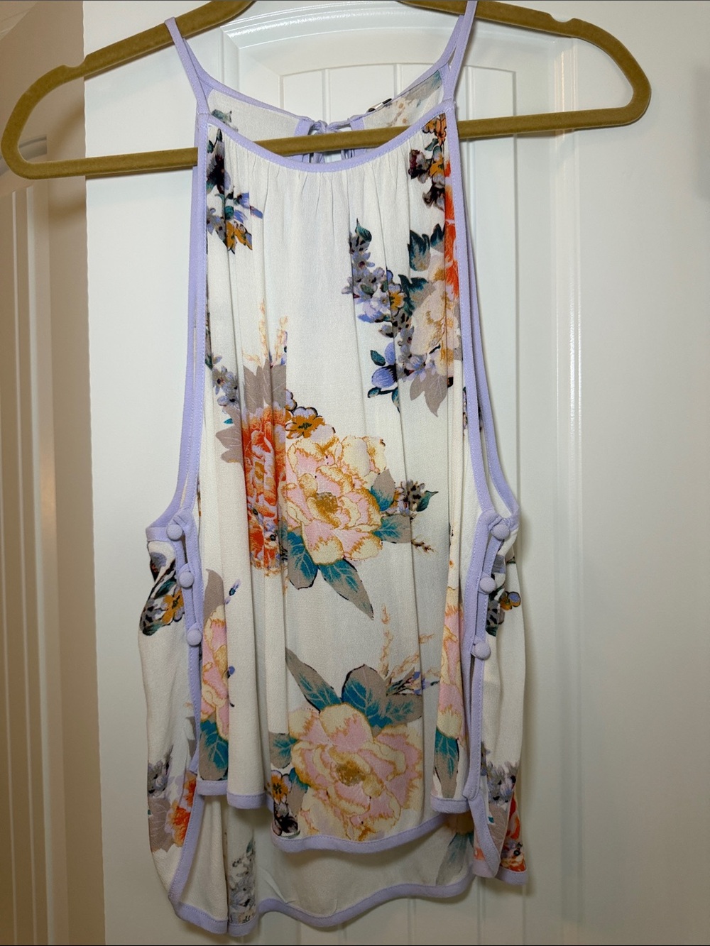 Free People White Floral Halter Cami with Lavender Trim